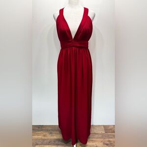 Burgundy Maxi Dress Pleated Bust Plunging V Neckline Open Back Holiday Party